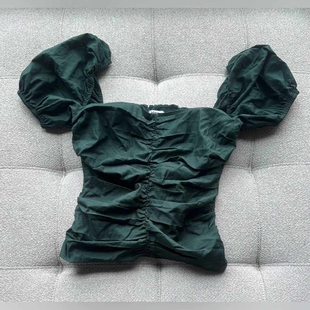 Reformation Radish Top in Forest Green Ruched Puff Sleeve Smocked Cotton Size 6 - Picture 4 of 6